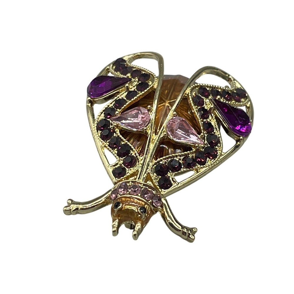 Vintage Style Gold Tone Purple Pink Crystal Beetle Insect Brooch Pin